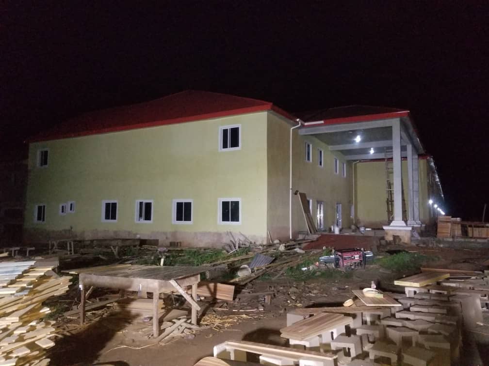 Hostel block exterior, night view